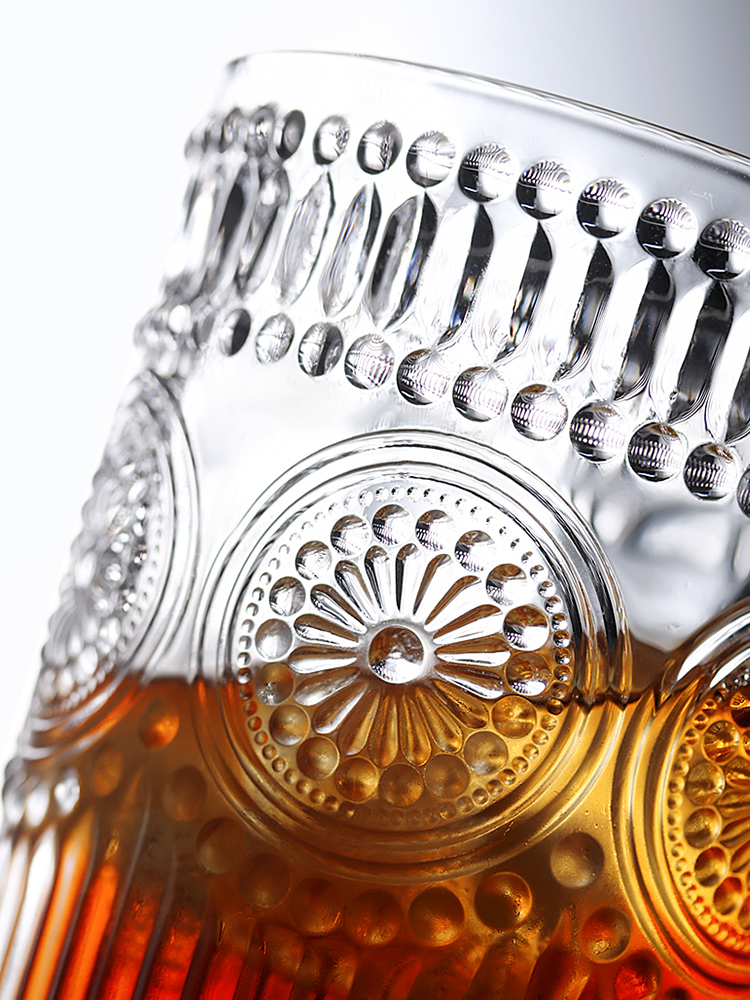 Retro gravyrglas rund liten solblomma relief juiceglas transparent zakka mjölkkopp 300ml handblåsta