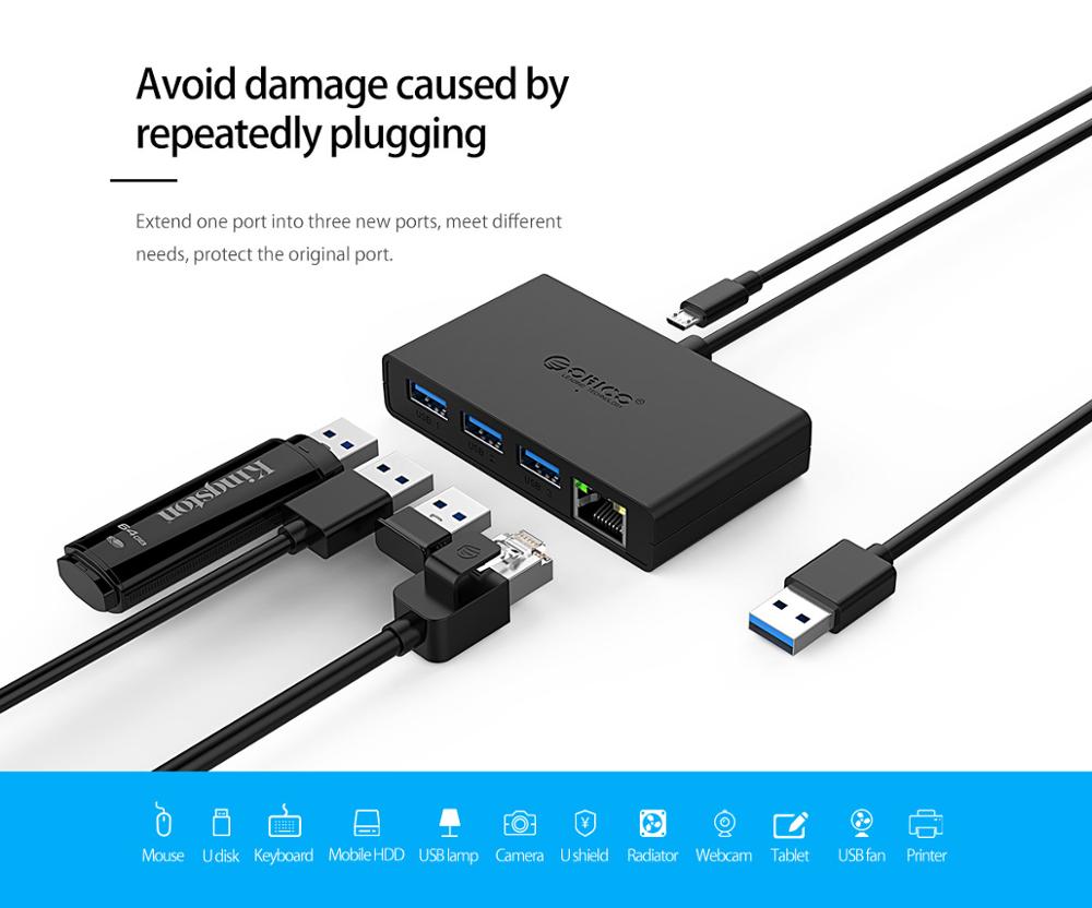 Orico Usb 3 Poorten Hub 3.0 Met Gigabit Ethernet-poort Voor Macbook Pro Pc Laptop Usb Hub High-Speed netwerk RJ45