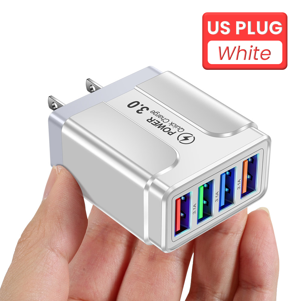 4 Poorten Usb Charger 3.1A Quick Charge Travel Charger Eu/Us/Uk Plug Snel Opladen Lader Voor iphone 13 12 Pro Xiaomi Redmi: WHITE US PLUG
