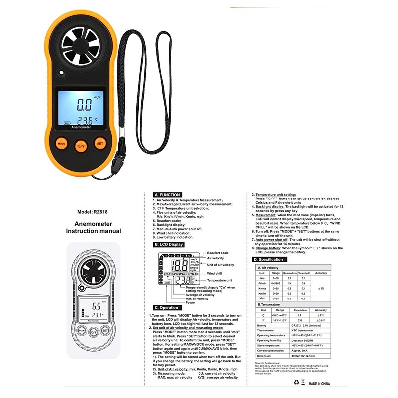 Fashiondigital Anemometer Handheld Anemometer Air Flow Meter Gebruikt Om Meet Wind Cooling Temperatuur Speed Anemometer