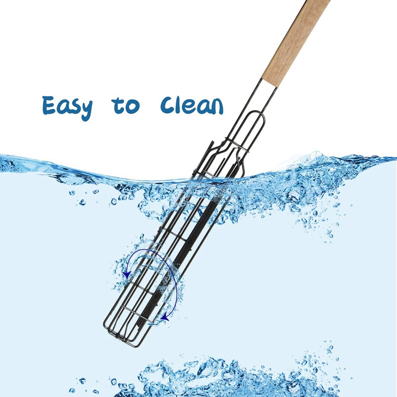 4 Pcs Kabob Grilling Basket with 2Pcs Silicone Brush,Reusable Durable Wooden Handle Barbecue Tool Grill Basket Grill Net