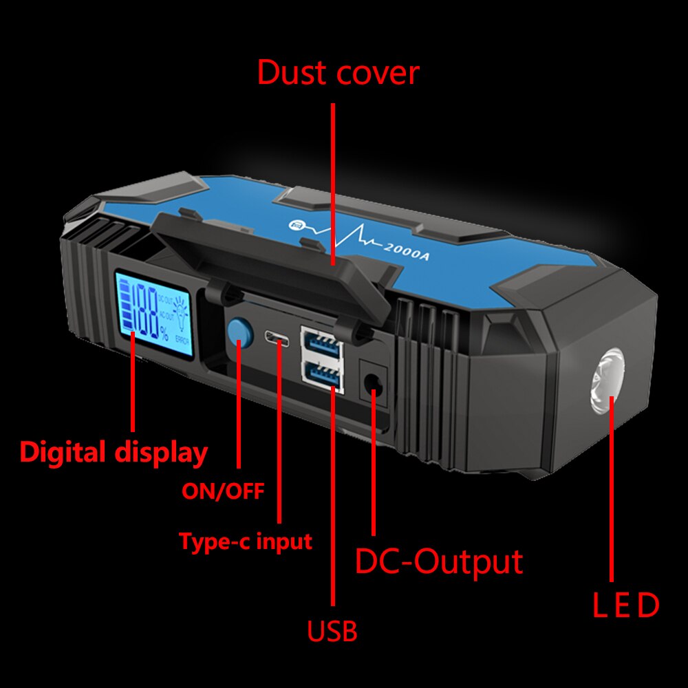 Power Bank Portable Jump Starter In Light Weight Quick-Charge 3.0 20000MAH 2000A Peak Current Auto Starter for 8L /6L Outdoors