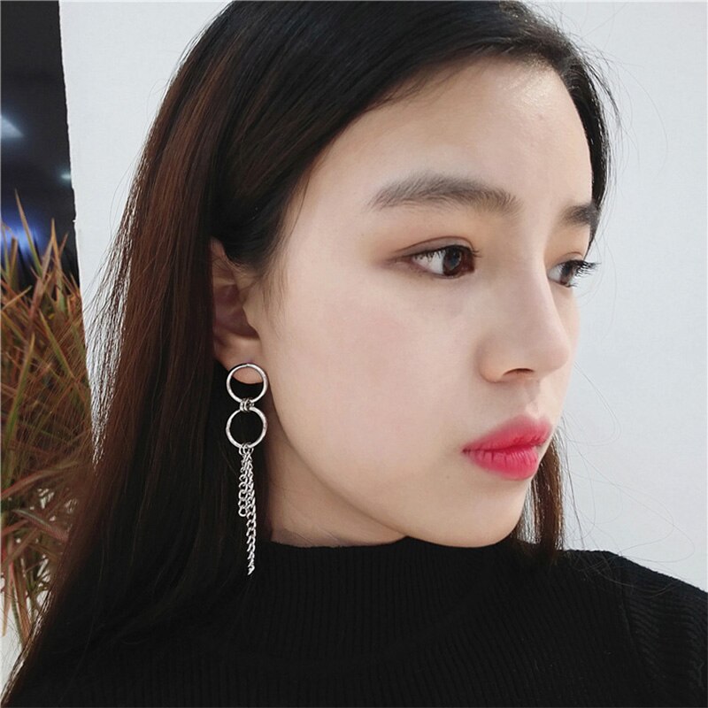 Pop Pin Chain Earrings For Women Geometric Asymmetric Simple Metal Style Retro Round Earrings Charm Ear Jewelry