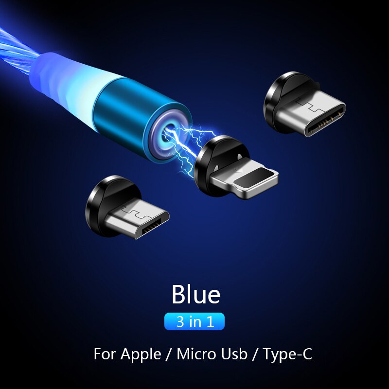 3 In 1 Magnetische Dans Led Licht Flash Kabel Micro Usb Type C Voor Iphone Verlichting Kabel Snel Opladen Draad voor Ipad Smart Phone: Blauw