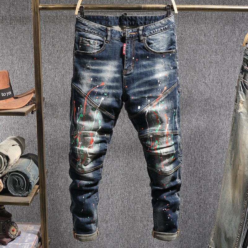 Streetwear mænd jeans revet jeans mænd splejset denim biker hip hop slanke jeans Grandado
