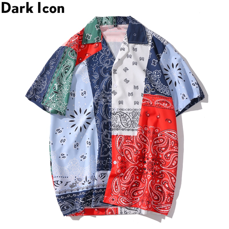 Mørk ikon bandana hawaiisk skjorte mænd kvinder sommer patchwork vintage herreskjorte street shirts til mænd