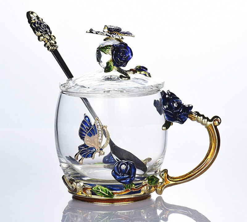 Europäischen Stil Emaille Glas Tasse Kaffee Milch Trinken Blume Getränk Tee Tasse einstellen mit Deckel Löffel Kasten Paar Glas typ bilden: Blau kurz Löffel Deckel
