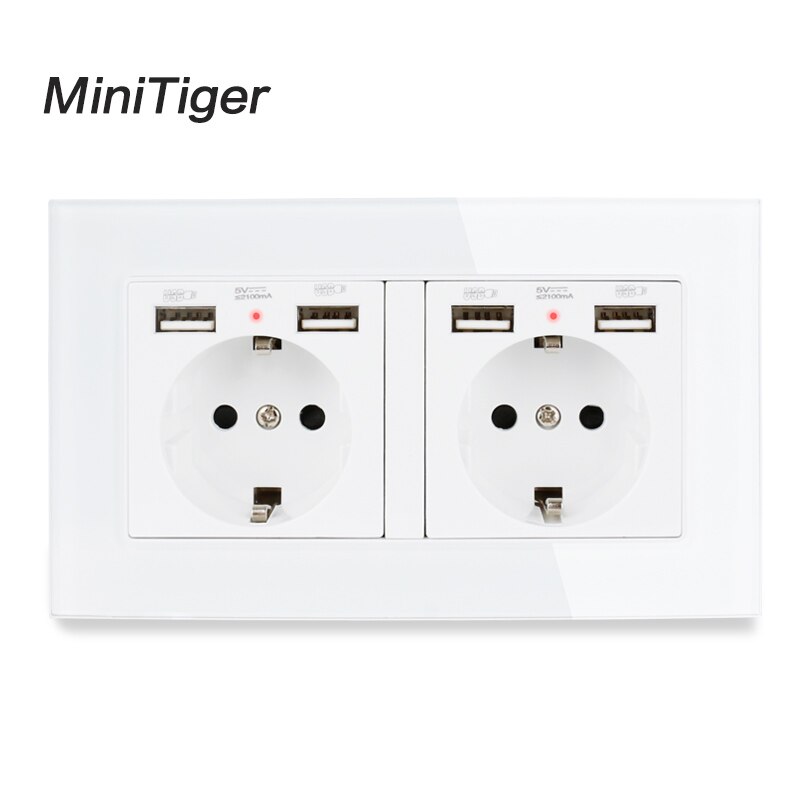 Minitiger 2 jengi venäjä espanja eu standardi pistorasia 4 usb -latausportilla piilotettu pehmeä led -ilmaisin kristallilasipaneeli: Valkoinen