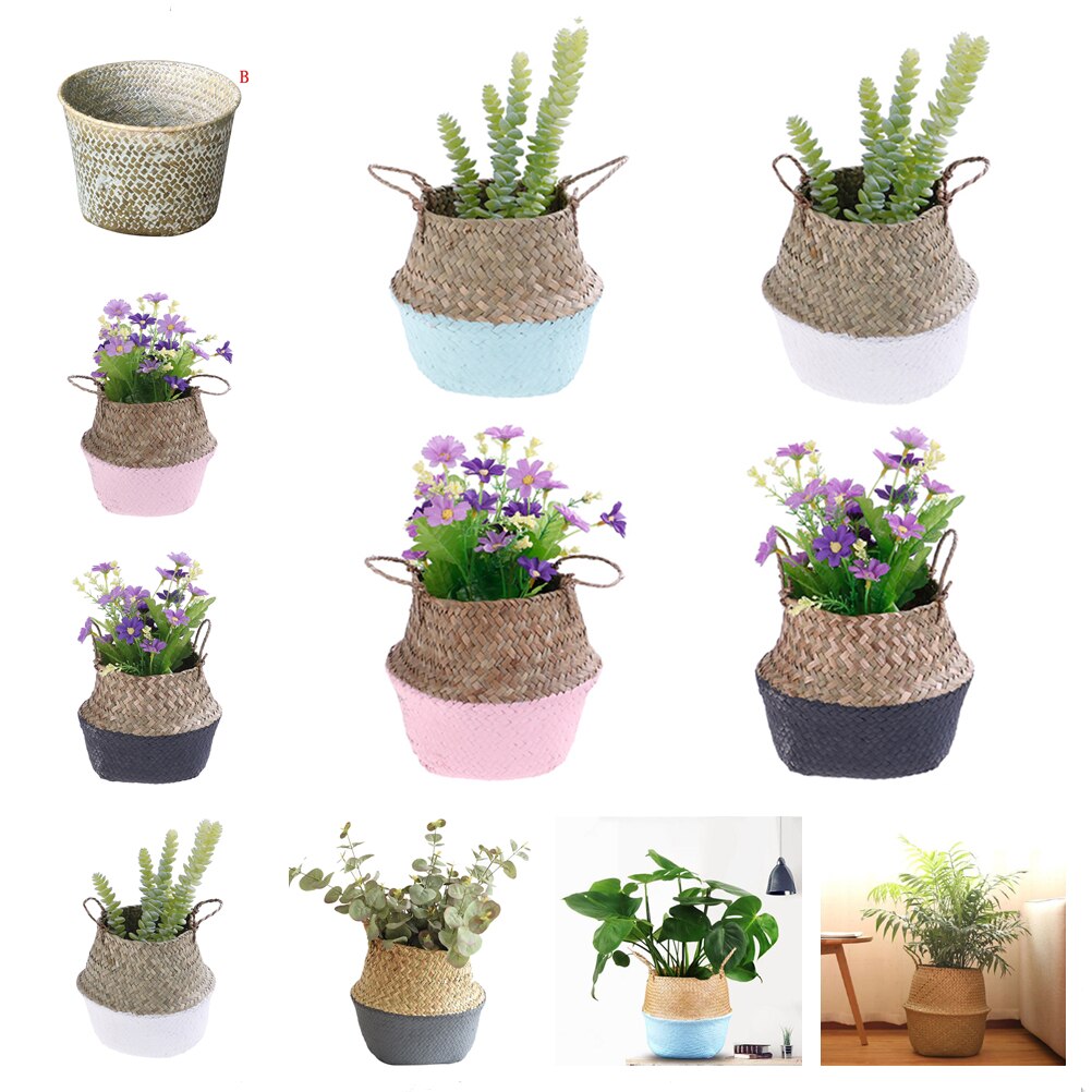 Flower Pot Storage Basket Rattan Straw Basket Seagrasss Wicker Folding Laundry Flower Vase Garden Hanging Basket Wedding