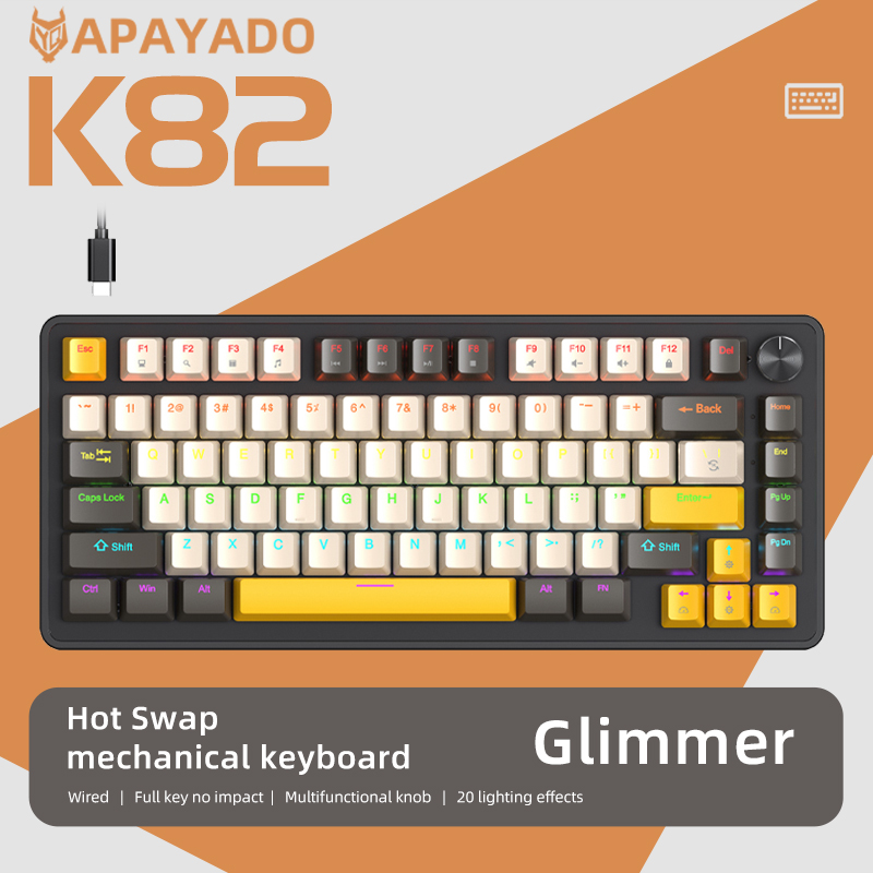 APAYADO 75% gamingtoetsenbord bedraad met metalen knop, -swap K82 zwart mechanisch toetsenbord, ABS transparant karakter RGB: Ruby Red / Blauwe schakelaar