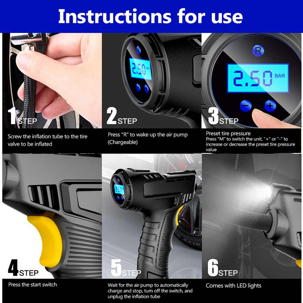 120W Wireless Car Air Compressor Handheld USB Rechargeable Tire Inflator Digital Display Inflatable Pump Pressure Gauge