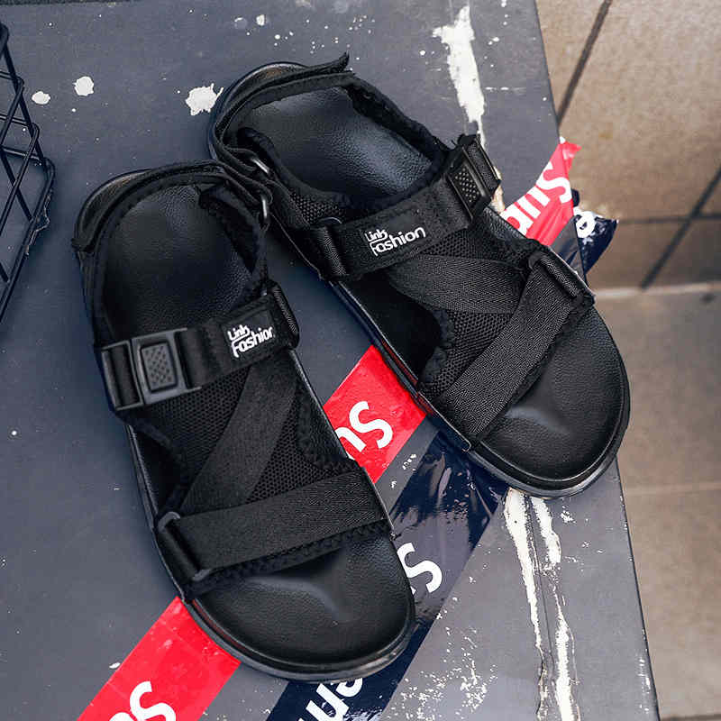 Leider show heren sandalen zomer merk schoenen strand heren sandalen heren casual schoenen outdoor waterdichte sandalen: Zwarte sandalen 3085 / 6.5