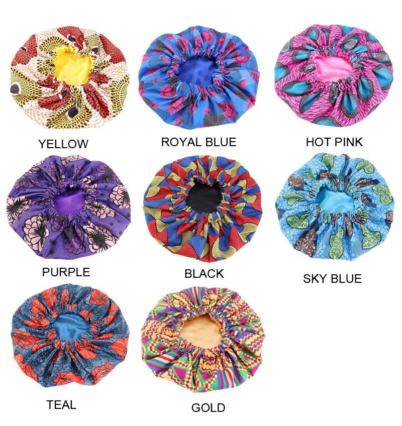 38cm Large Print Satin Bonnet Hair Caps Sleep African Pattern Print Fabric Ankara Night Hat Hair Loss Cover Styling Tools