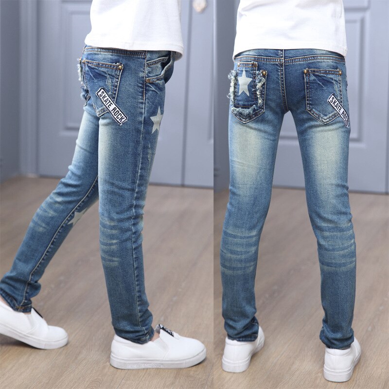 Jenter jeans slim kids jean for jente star elastisk midje småbarn tenåring barn bukse småbarnsbukse