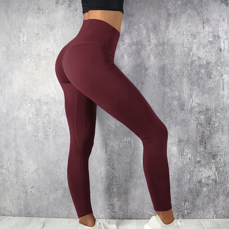 Bourgondische fitnessleggings voor dames, hoge taille, push-up, elastische sportleggings voor in de sportschool, spandex, plus size workout leggings, broeken