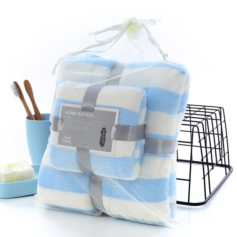 Coral Fleece Cation Face Towel + Bath Towel Set Thick Absorbent Bathroom Towels For Swimming Travel Sports Towel Set: Blue