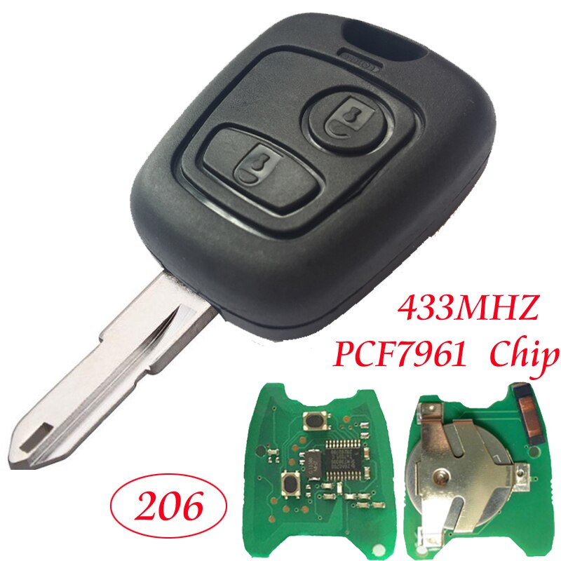 Clé télécommande à 2 boutons 433Mhz, transpondeur PCF7961, lame NE73, pour voiture PEUGEOT 206