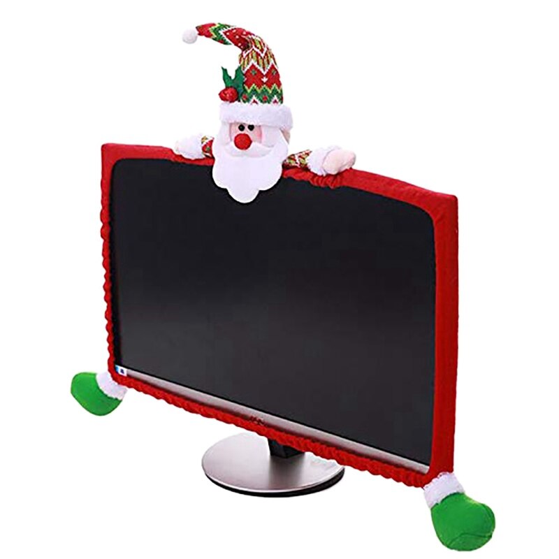 2 Pcs Christmas Computer Monitor Cover Cute Claus Decoration for Home Office , Elk & Santa
