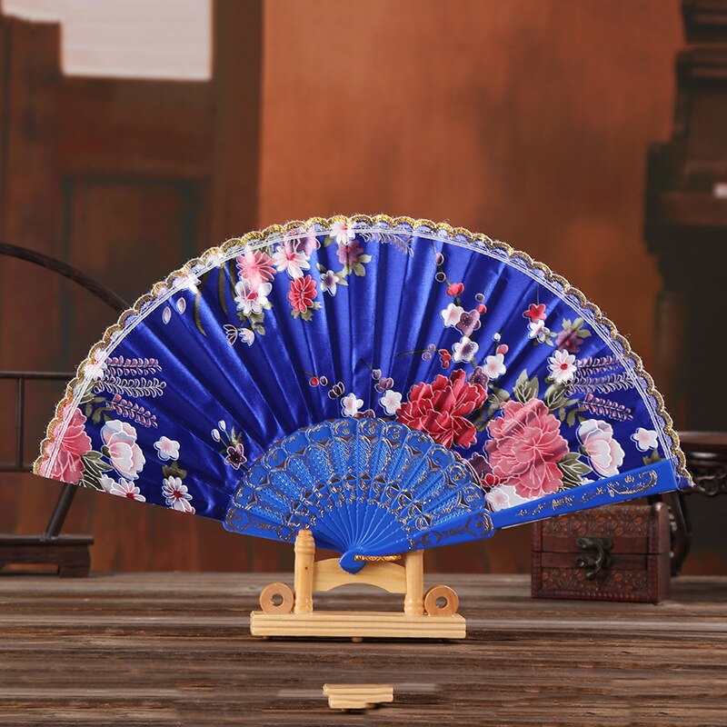 Chinese Stijl Hand Held Folding Dance Fan Wedding Party Lace Silk Folding Handheld Bloem Fan Zomer Bruiloft Fan Party: Royal Blue