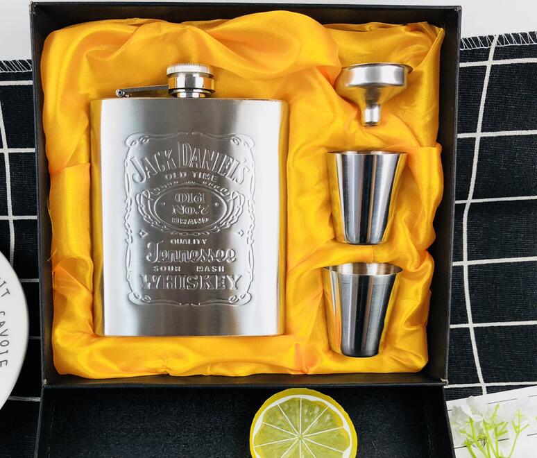 7 Oz Whisky Fles Opdruk Jack Wodka Cups 304 Rvs Flagon Alcohol Trechter Liquor Heupfles Black Festival box Set: jack set