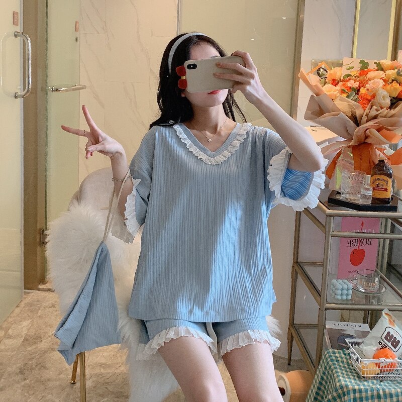 CAIYIER Summer Sweet Girl Lace Pajamas Set Cotton Pink Blue Short Sleeve Sleepwear Princess Style Ladies 3 Piece Nightwear: Blue / M