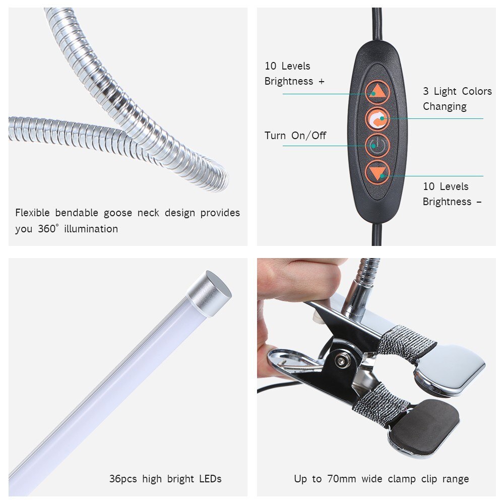 36LED Clip Bureaulamp Flexibele Hoek Verstelbare Licht Aluminium Arm Flexibele Arm Licht Focus Verstelbare