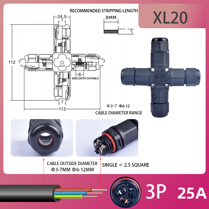 IP68 Waterproof Electrical Connector LED Light Cable Connector,TL20 XL20 2/3P Screws wiring Connector Box For Used Underground: MULTI / Line Connector