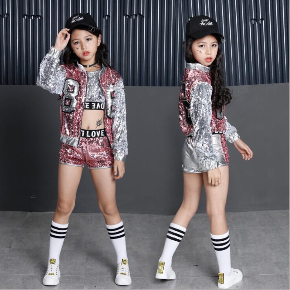 Costume de concours de danse Jazz Hip Hop pour filles, débardeur, short, veste, manteau pour enfants, vêtements de scène