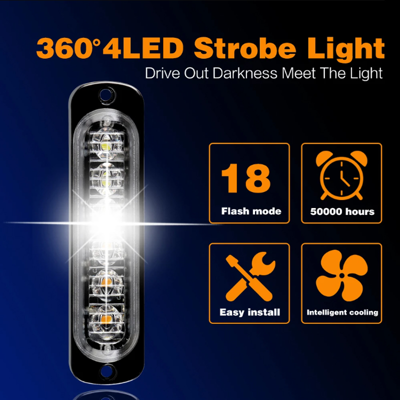 4 led-blitzvarsellys for bil, grill, blinkende, nødlampe for havari, bil, lastebil, tilhenger, varsellampe for led-sidelys, 12v , 24v hvite