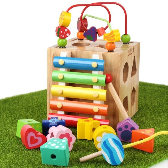Color wooden bead beaded multi-function four-sided treasure box intelligence box early education puzzle children's toys