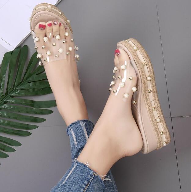 Mode Jelly Sandalen Zomer Candy Slippers Vrouw Schoenen Flats Dames Womens Zapatos Mujer Slip Op Parel Strand Wiggen Gelei Schoen