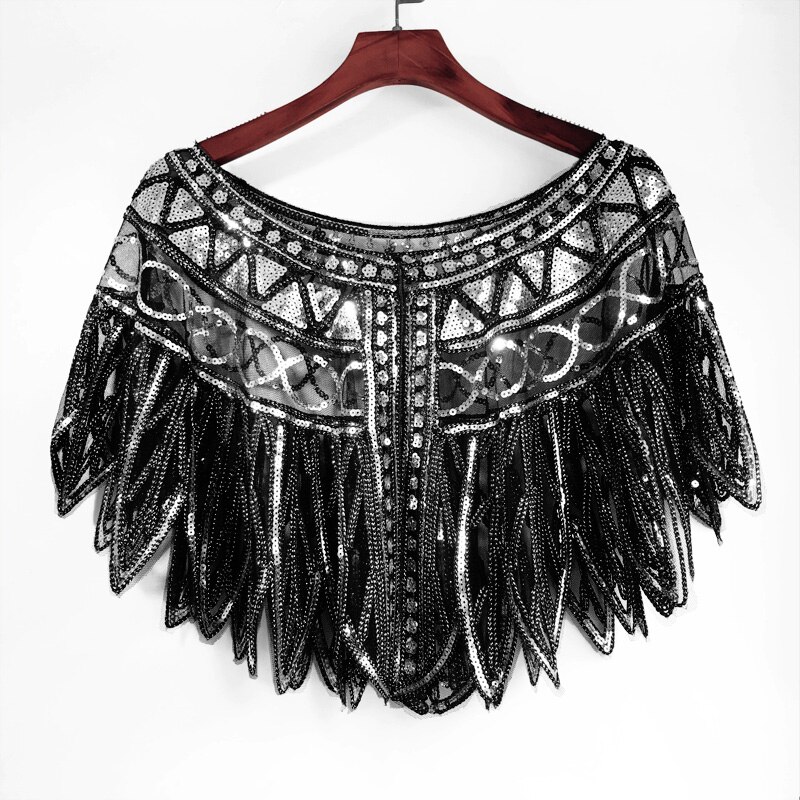 JaneVini, capa de lentejuelas ostentosas y ostentosas para mujer, estolas nupciales con cuentas para boda, chaqueta negra dorada, vestido de noche para , Boleros, tapetes: Black Silver