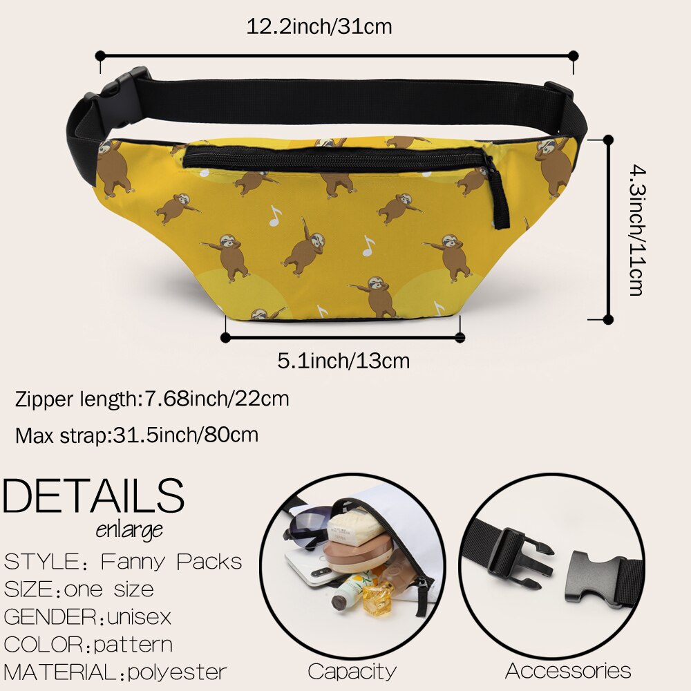 Deanfun 3D Printed Waist Bags Brown Sloth Fanny Pack With Zipper Yellow Pouch Bag For Women D18004