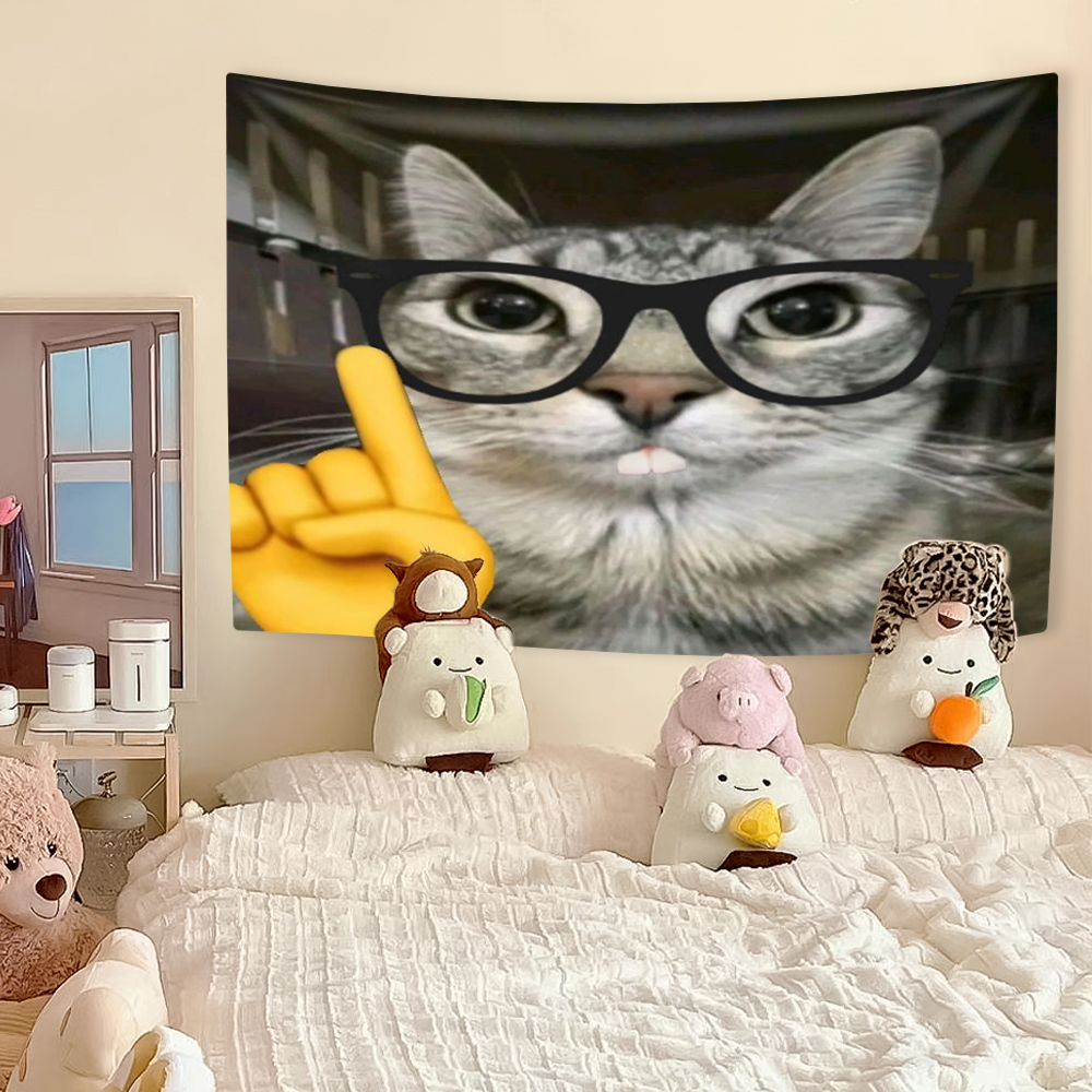 Tapiz de Meme de gato divertido, decoración del hogar de animales Kawaii, tela para colgar en la pared, dormitorio, fondo, de Festival: 230 x 150 cm / Marrón oliva