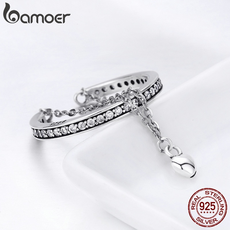 BAMOER 100% 925 Sterling Silver Stackable Clear CZ Heart Chain Double Layer Ring for Women Wedding Jewelry SCR291