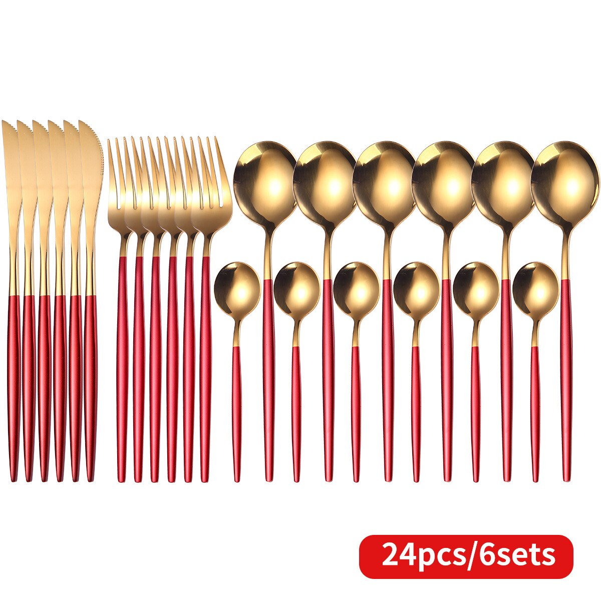 Ménagère de couverts en acier inoxydable colorés, service de table couleur or, effet miroir avec couteaux, fourchettes, cuillères, parfait pour le dîner, 24 pièces