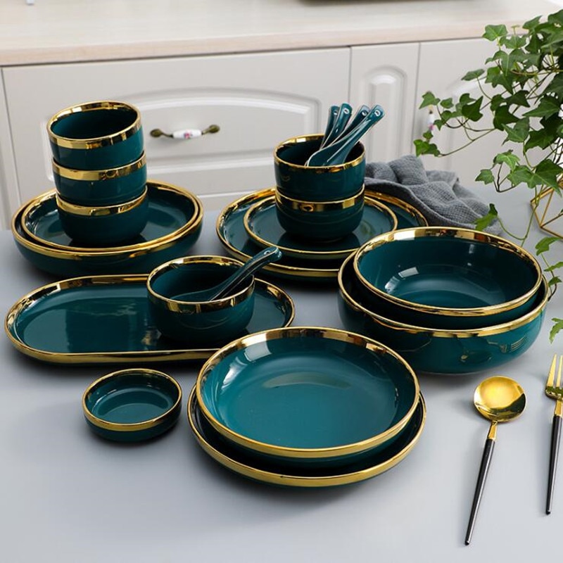 1pcs High Grade Green With Gold Lnlay Plates Steak Food Tray Nordic Ceramic Dinner Dish Salad Bowl Spoon Porcelain Dinnerware