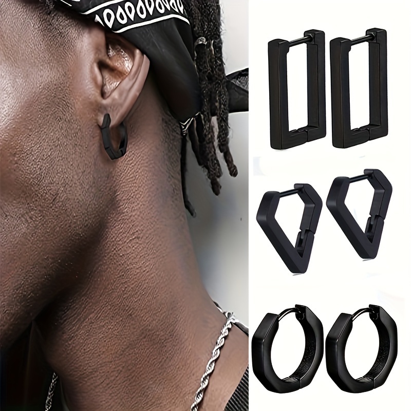 1 Pair Men's Stainless Steel Hoop Earrings, Viking Runes Black Earrings For Men/Women