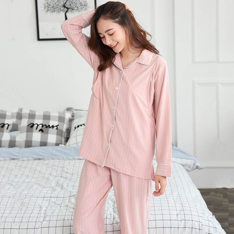 vêtements de maternité lune vêtements à manches longues vêtements d'allaitement sortie vêtements à domicile pyjamas de maternité: Pink Stripe / XL