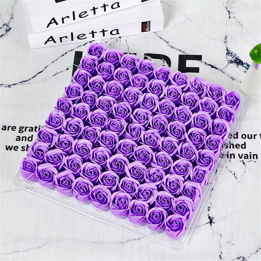 81Pcs/1Box Bruiloft Decoratie Rose Zeep Bloem Hoofd Drie-Layer Zonder Base Simulatie Rose Eeuwige bloem Roos: Paars