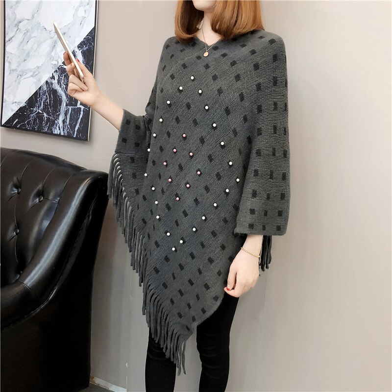 Plus lösa överdimensionerade pärlor pärlor tofs poncho batwing ärm mantel tröja stickat omlott tröja party ol chaqueta