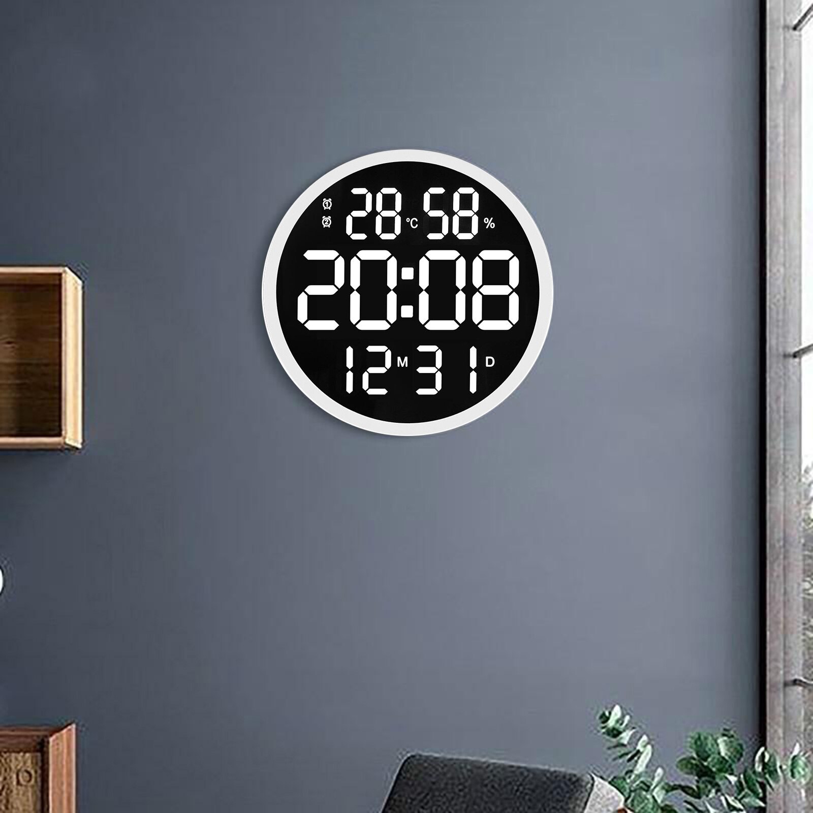 Reloj de pared grande con termómetro e higrómetro, Barre silencioso: White