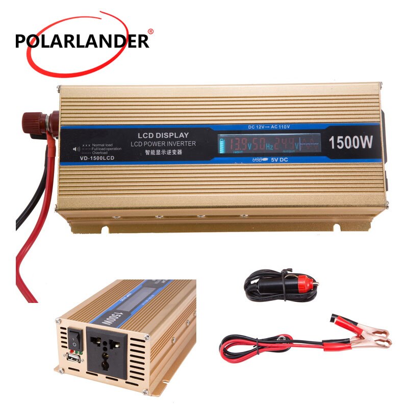 Power inverter 1500w 50hz 12v/24v to 110v/220v omformer kjøretøy strømforsyning gull med skjerm for de fleste bil