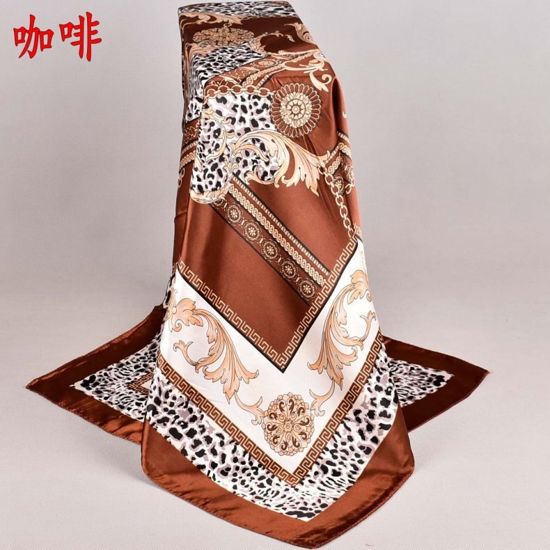 Hair Scarf for Women Floral Print Satin Shawl Silk Scarfs Female Neckerchief 90cmx90cm Square Shawls Scarves For Ladies: brown