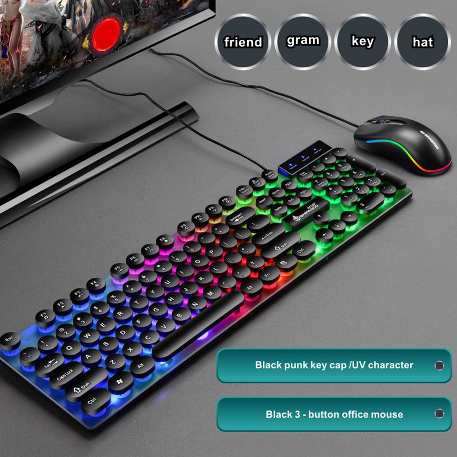 USB Wired RGB Multiple Color Rainbow Backlit Mouse Keyboard Combo Set, Standard 104 Keys Led Keyboard: Black