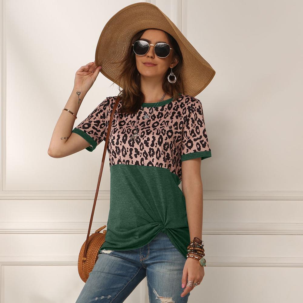 Zomer Sexy Luipaard Splice Gedrukt T-shirt Tops Vrouwen O Hals Met Korte Mouwen T-shirt Zomer Dames Brief Print T shirt tops: green / M