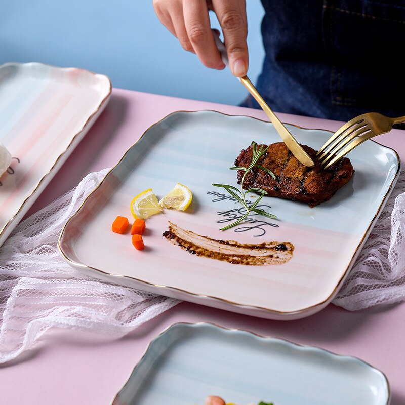 Kleur Veranderende Rechthoek Keramische Plaat Nordic Vierkante Porselein Glazuur Diner Plaat Pasta Cake Dessert Dienblad Huishouden Gerechten Plaat