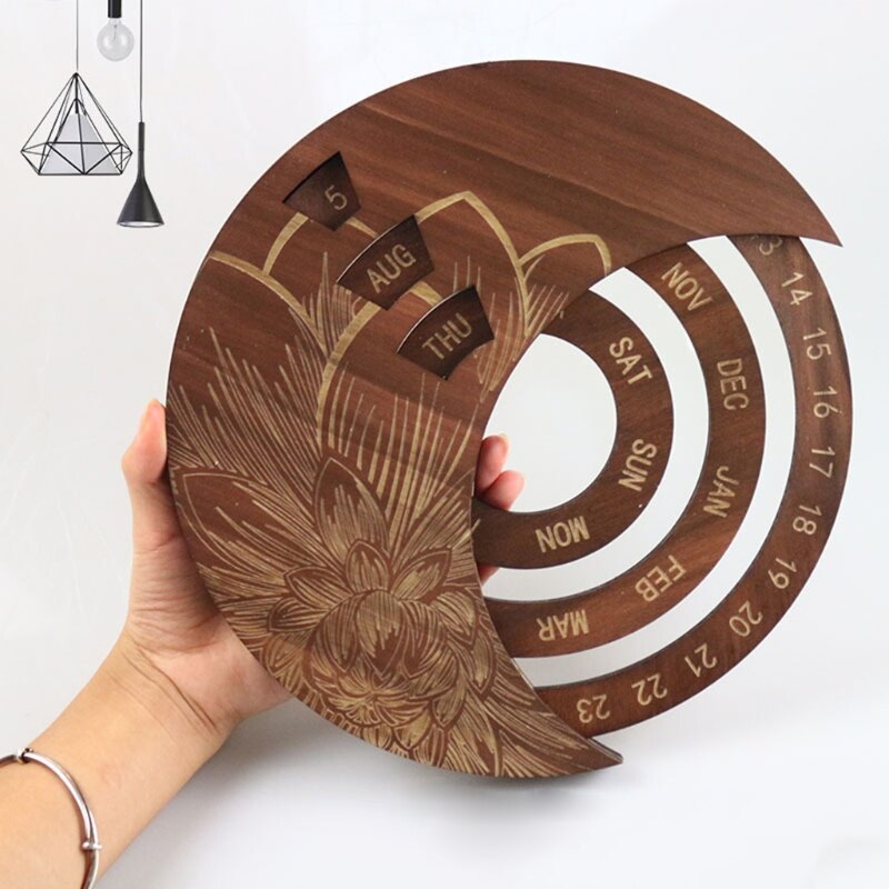Wooden Moon Perpetual Calendar DIY Adjustable Family Birthday Reminder Sign Board Wall Hanging Crafts for Home Office School