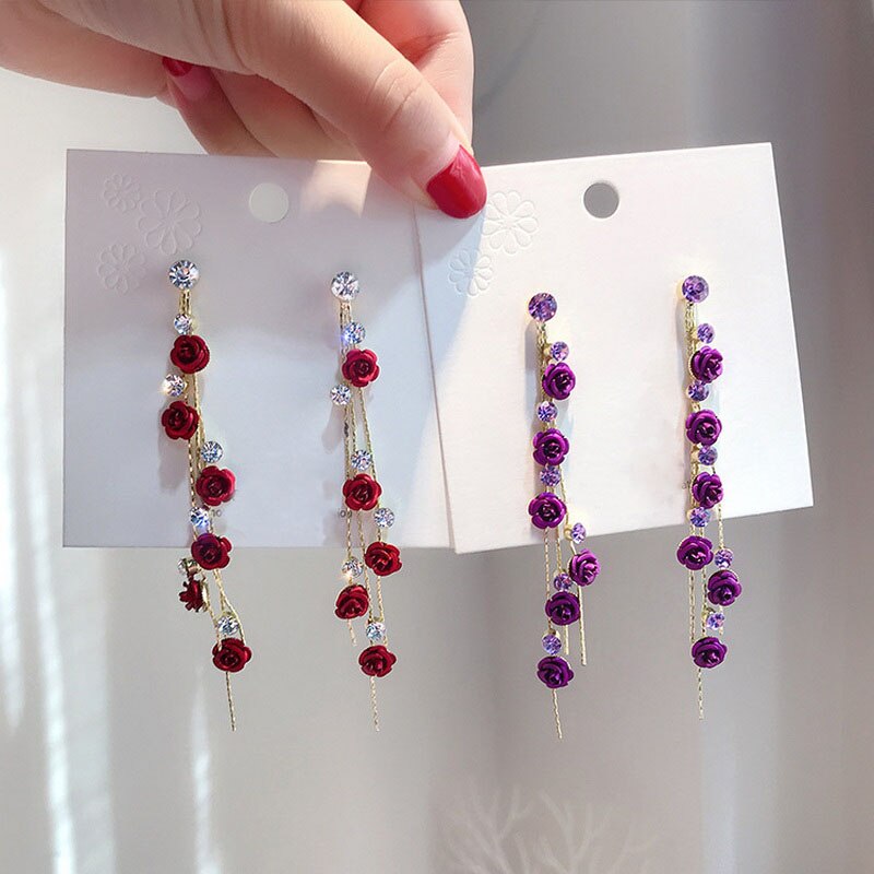 Rose Bloemblaadje Oorbellen Voor Vrouwen Lange Tassel Rose Bloem Oorbellen Bruiloften Party Sieraden