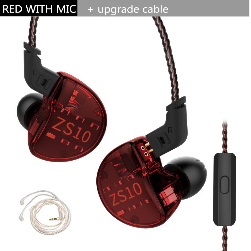 KZ ZS10 4BA+1DD Hybrid In Ear Earphone HiFi Earphone Earplug Headset Earbud Noise Cancelling DJ Earphone AS10 ZST: red mic. silve